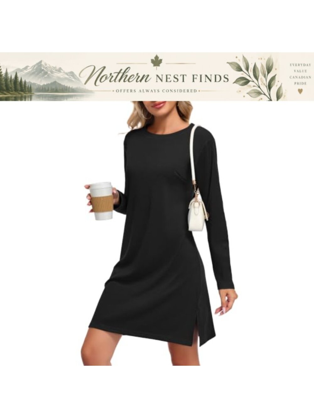 Long Sleeve Crew Neck Mini Tshirt Dress Casual Relaxed Fit Side Slit